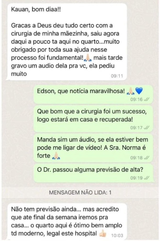 Feedback de cliente sobre acompanhamento em cirurgia no WhatsApp